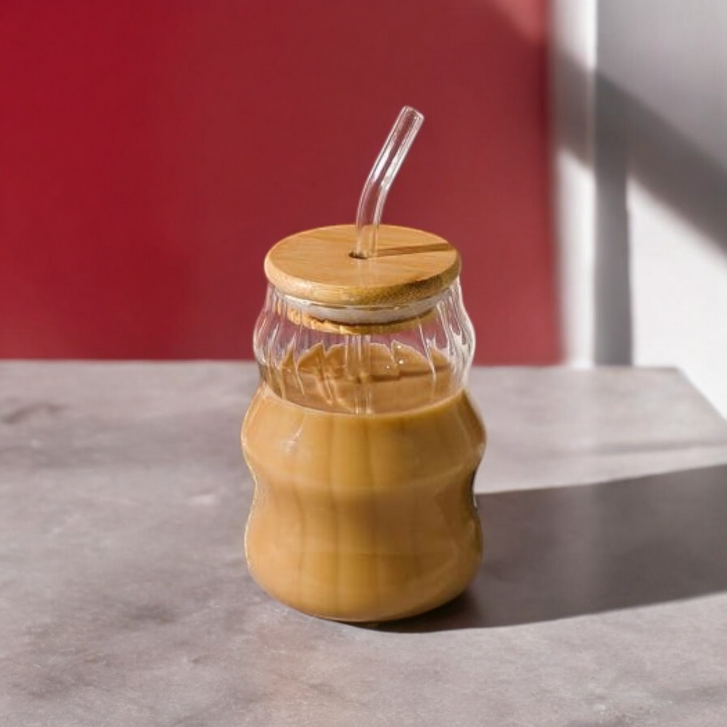 Ribbed Ripple Twist Glass Cup with Wooden Lid and Clear Glass Straw