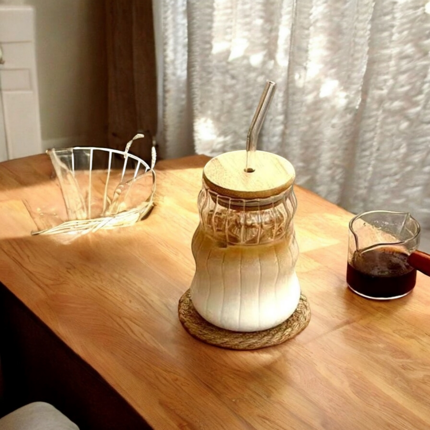 Ribbed Ripple Twist Glass Cup with Wooden Lid and Clear Glass Straw