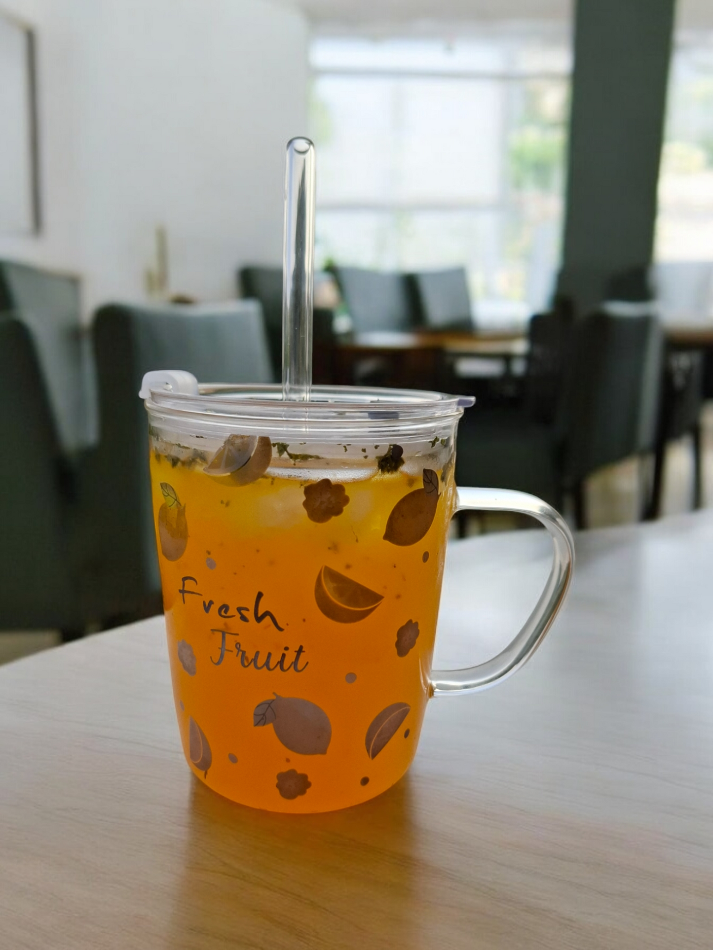 Lime Glass Cup with Lid and Glass Straw and printed Lemon