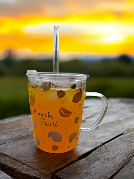 Lime Glass Cup with Lid and Glass Straw and printed Lemon