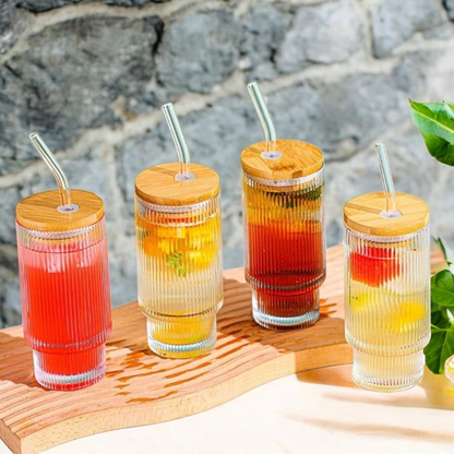 Vintage Ribbed Glass Cup Set (400 ml each glass)  - Pack of 4