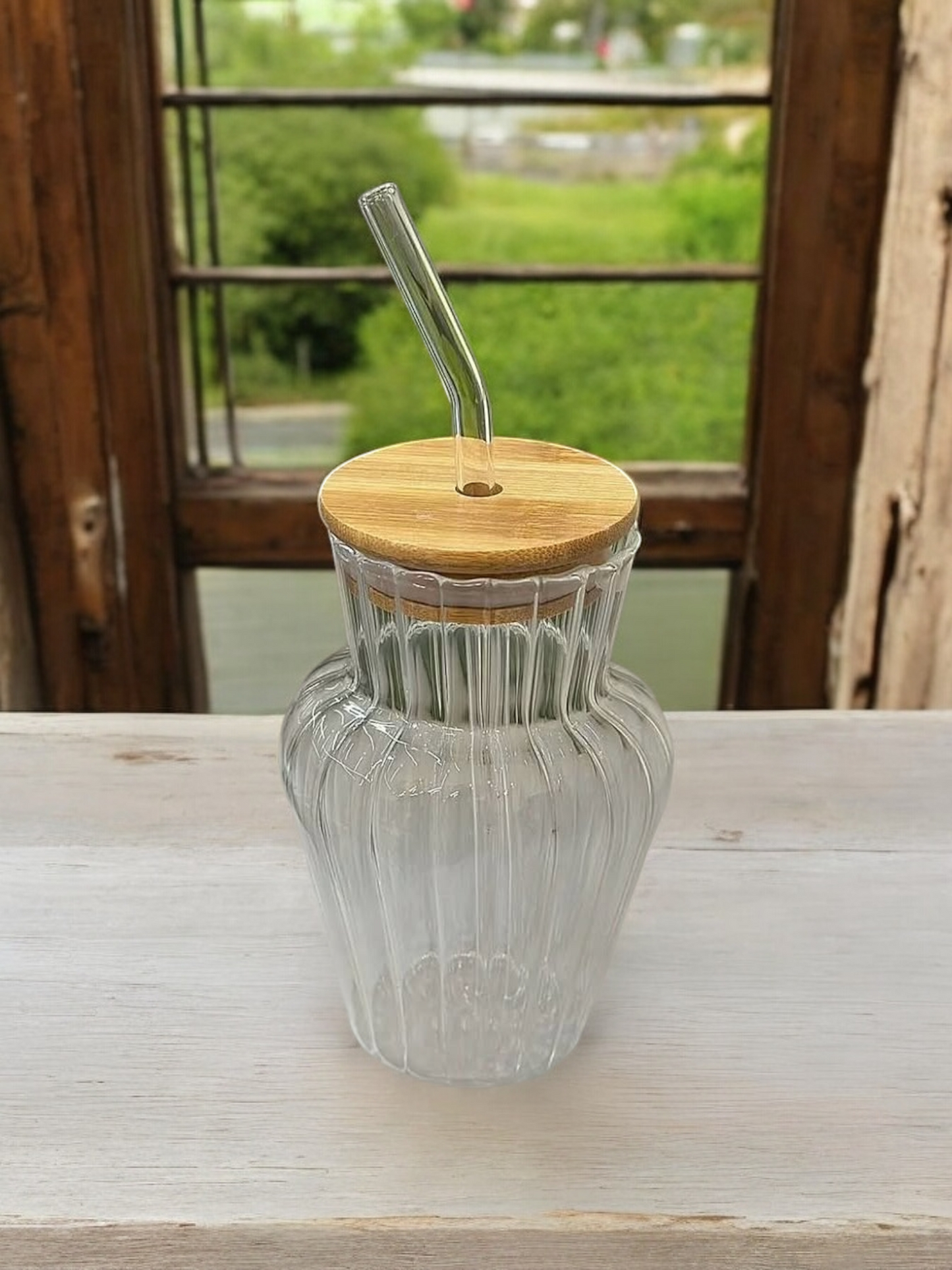 Aqua Blossom Glass Cup with Glass Straw and Lid