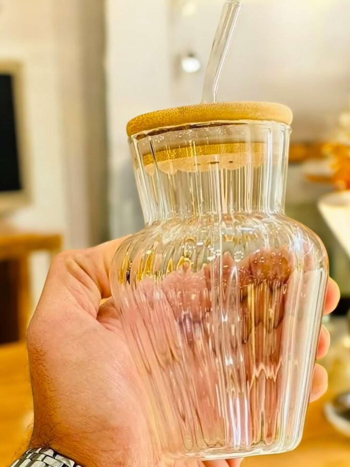 Aqua Blossom Glass Cup with Glass Straw and Lid