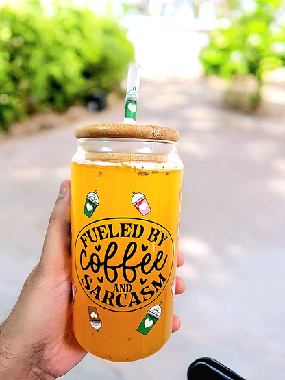 Coffee & Sarcasm Glass Cup with Glass Straw and Lid