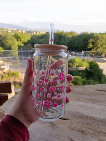 Blossom Bliss Glass Cup with Glass Straw and Lid