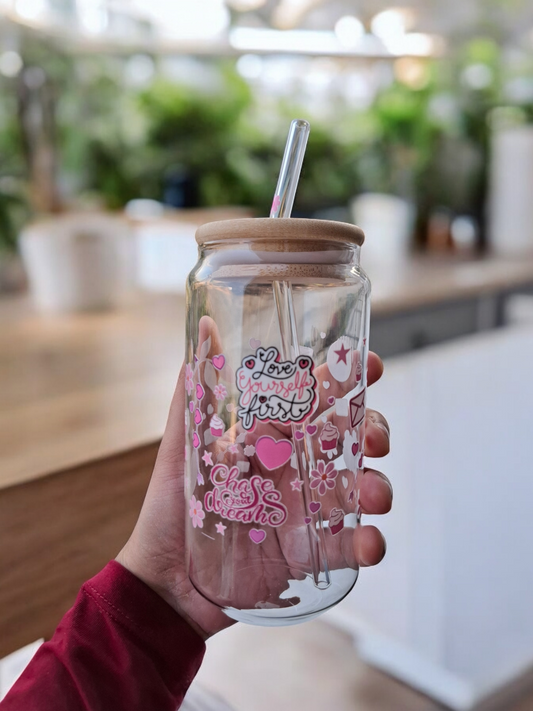 Chase Your Dreams Glass Cup with Glass Straw and Lid