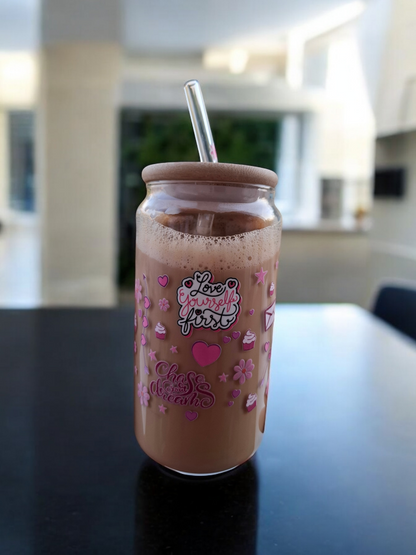 Chase Your Dreams Glass Cup with Glass Straw and Lid