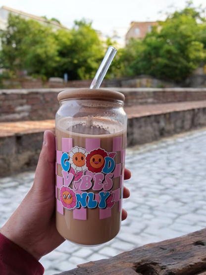 Good Vibes Only Glass Cup with Glass Straw and Lid