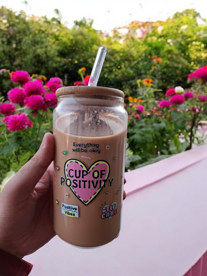 Cup of positivity Glass Cup with Glass Straw and Lid