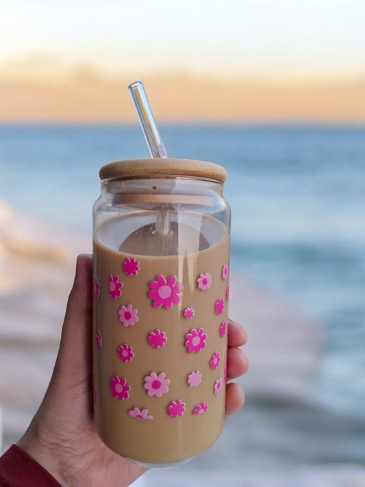 Blossom Bliss Glass Cup with Glass Straw and Lid