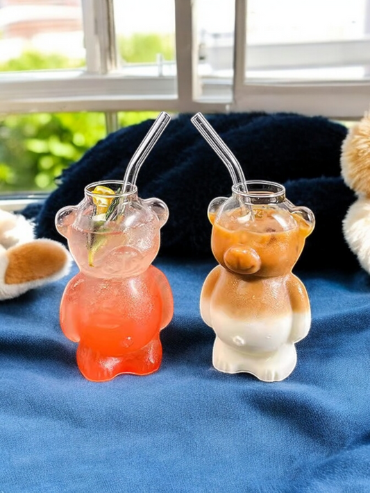 Bear Glass With Glass Straw