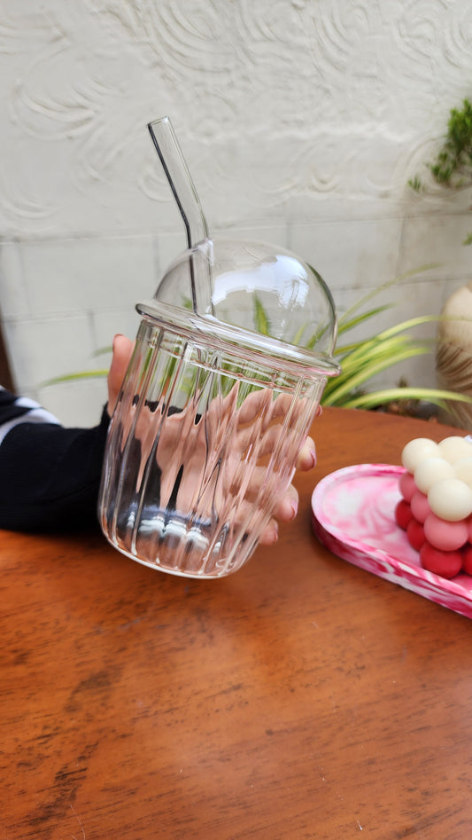 BOBA Glass Cup with Removable Glass Lid and Glass Straw - Clear