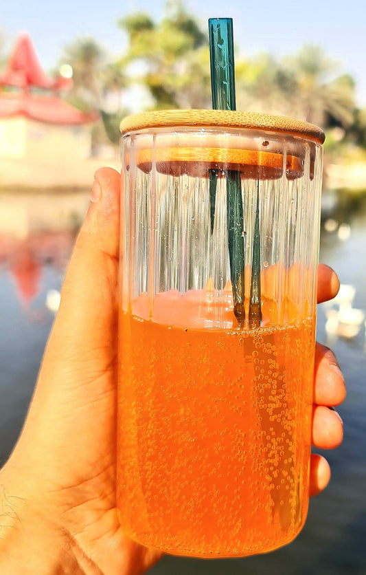 ROUND GLASS CUP TUMBLER WITH BAMBOO LID AND GLASS STRAW