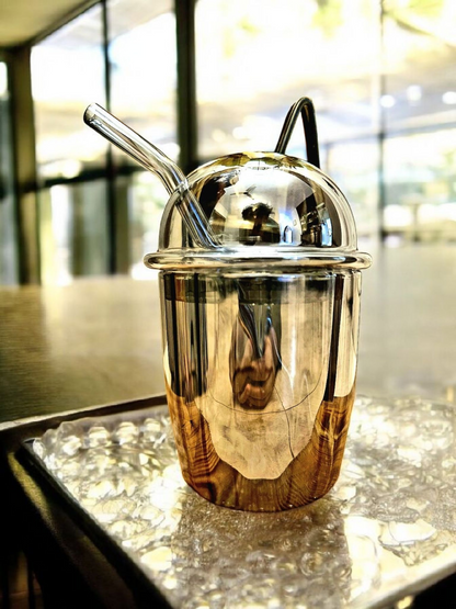 BOBA Glass Cup with Removable Glass Lid and Straw - Silver