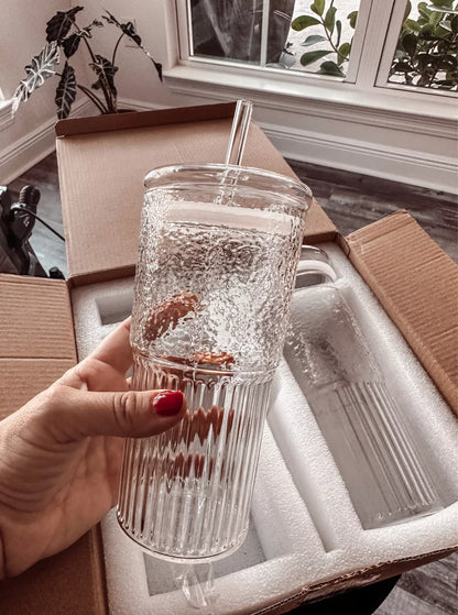 Velvra Glass Cup Tumbler with Lid and Glass Straw