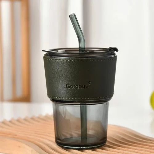 Aurora Glass Cup W/ Removable Leather Sleeve & Glass Straw - Black