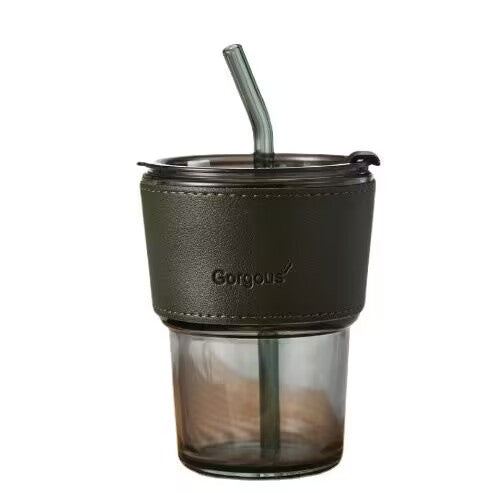 Aurora Glass Cup W/ Removable Leather Sleeve & Glass Straw - Black