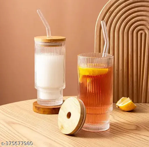 Vintage Ribbed Glass Cup Set (500 ml each glass)  - Pack of 4 with Giftable Box Packaging and Cleaning Brush