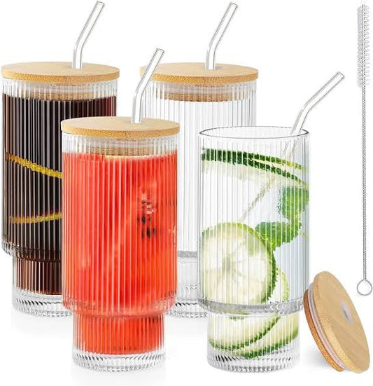 Vintage Ribbed Glass Cup Set (500 ml each glass)  - Pack of 4 with Giftable Box Packaging and Cleaning Brush