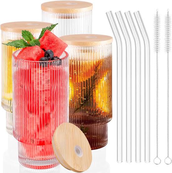 Vintage Ribbed Glass Cup Set (400 ml each glass)  - Pack of 4 with Giftable Box Packaging and Cleaning Brush