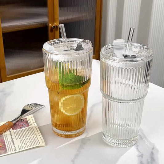 Aqua Glaze Glass Tumbler - With Glass Straw and Glass Lid