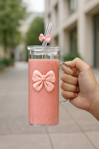 Square Glass Cup with Cute Bow and Bow Straw - Pink
