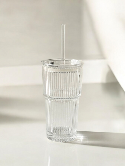 Aqua Glaze Glass Tumbler - With Glass Straw and Glass Lid