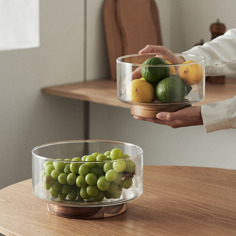 Salad and Fruits Glass Bowl with Wooden Base