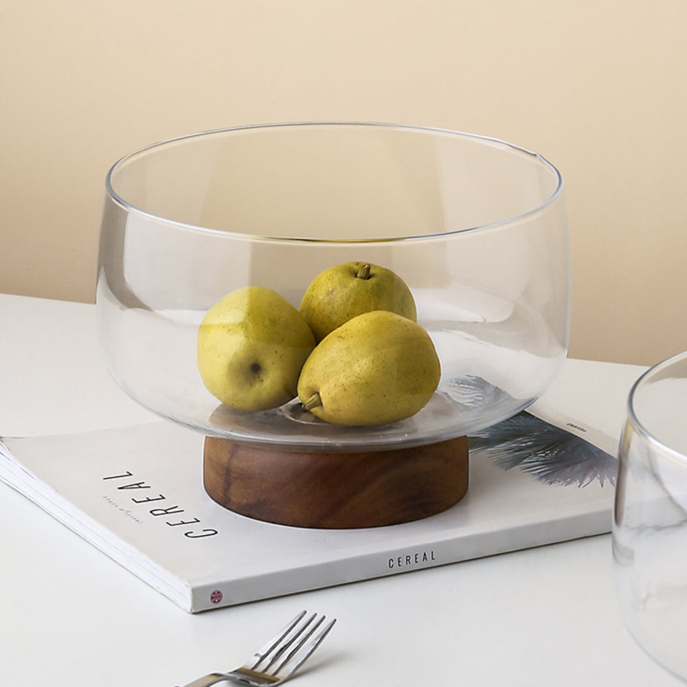 Salad and Fruits Glass Bowl with Wooden Base