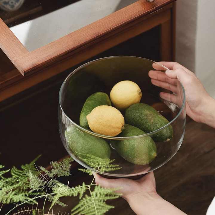 Salad and Fruits Glass Bowl with Wooden Base