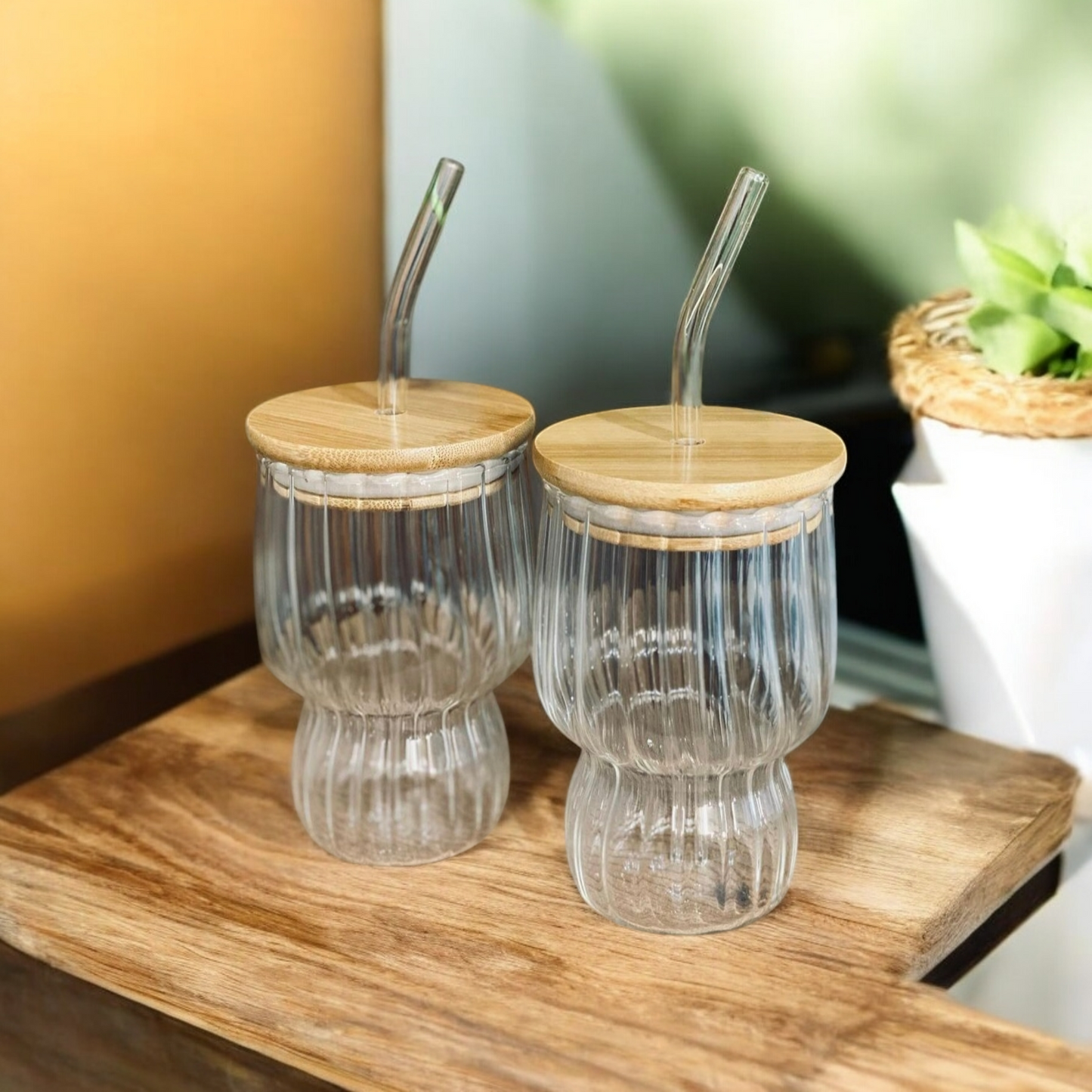 Naturasip Glass Cup with Glass Straw and Bamboo Lid