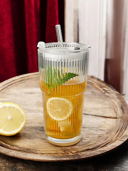 Aqua Glaze Glass Tumbler - With Glass Straw and Glass Lid