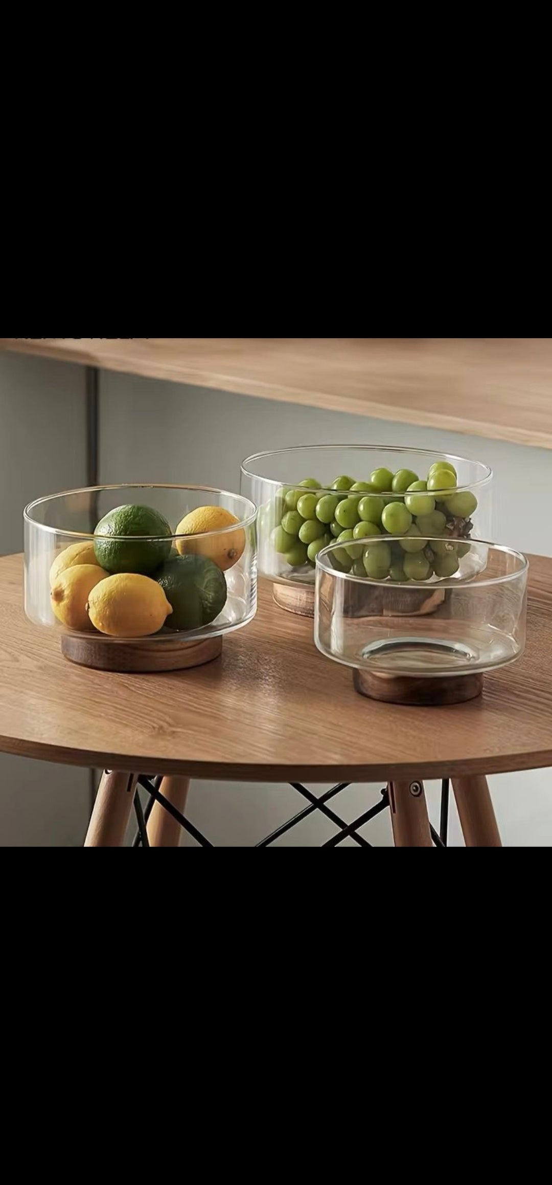 Salad and Fruits Glass Bowl with Wooden Base