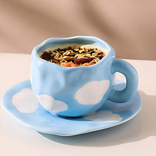 Blue Cloudy Ceramic Mug and Saucer