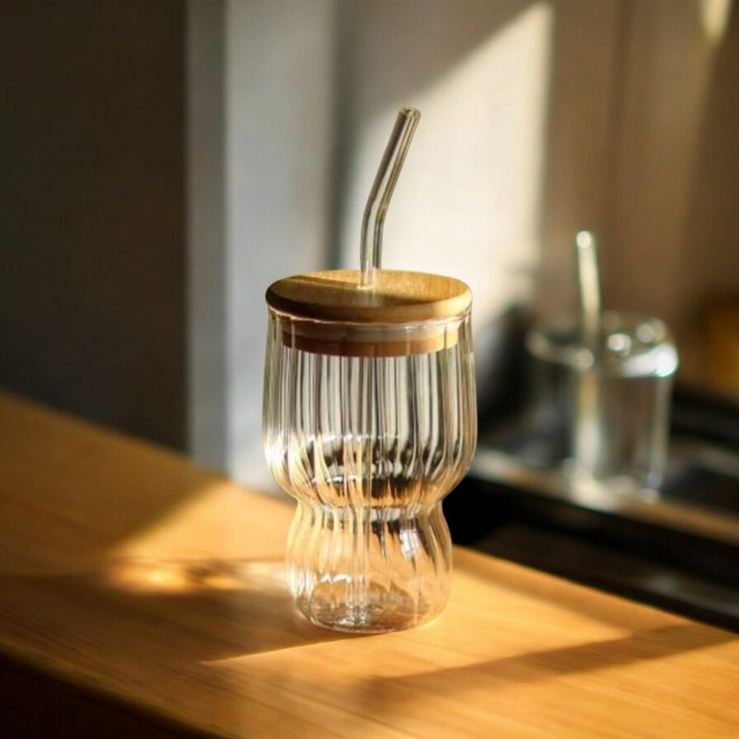 Naturasip Glass Cup with Glass Straw and Bamboo Lid