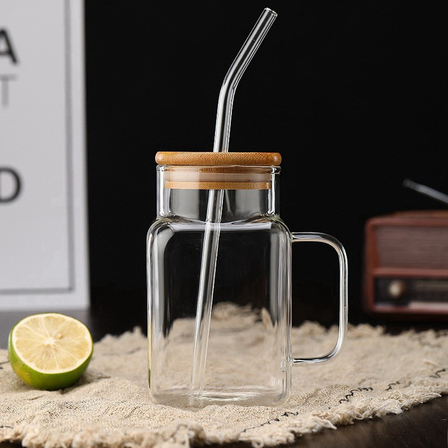 Luxe Lagoon Glass Cup with Glass Straw and Bamboo Lid