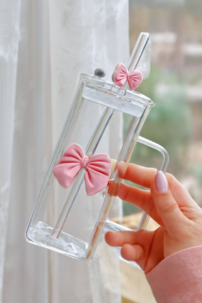 Square Glass Cup with Cute Bow and Bow Straw - Pink