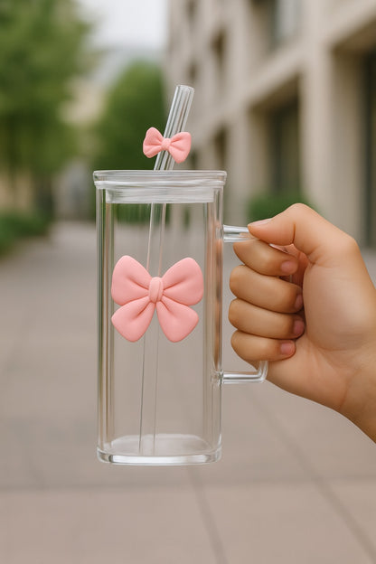 Square Glass Cup with Cute Bow and Bow Straw - Pink