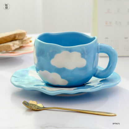 Blue Cloudy Ceramic Mug and Saucer