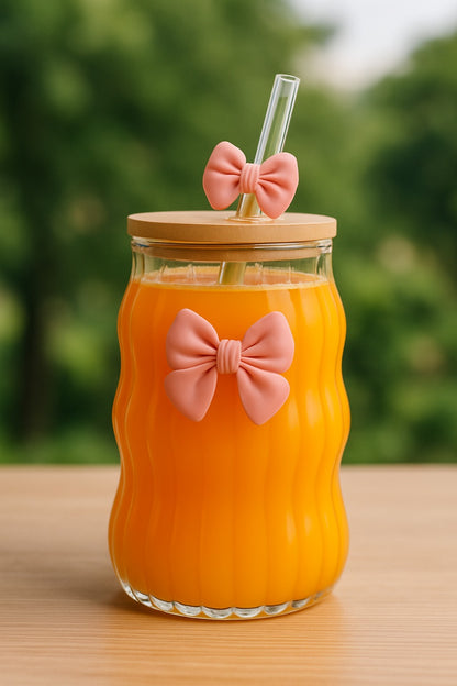 Bellabow Ribbed  Glass Cup with Cute Bow on Glass and Straw