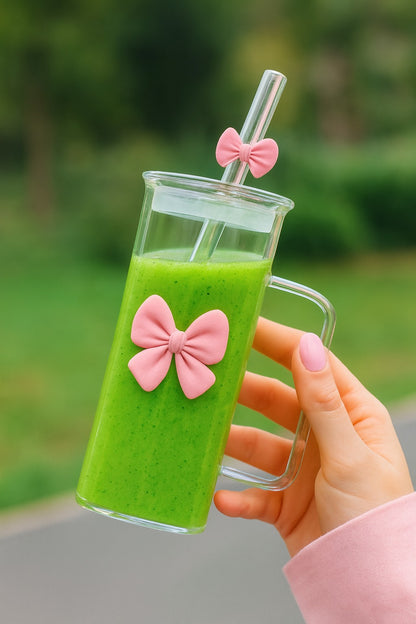Square Glass Cup with Cute Bow and Bow Straw - Pink