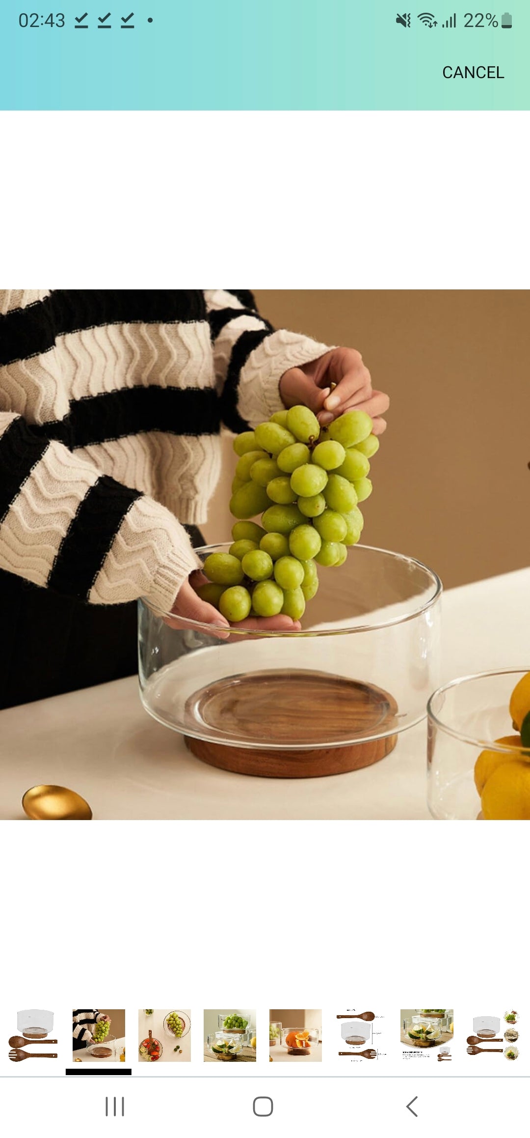 Salad and Fruits Glass Bowl with Wooden Base