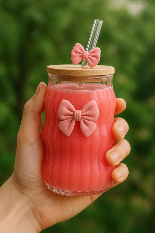 Bellabow Ribbed  Glass Cup with Cute Bow on Glass and Straw