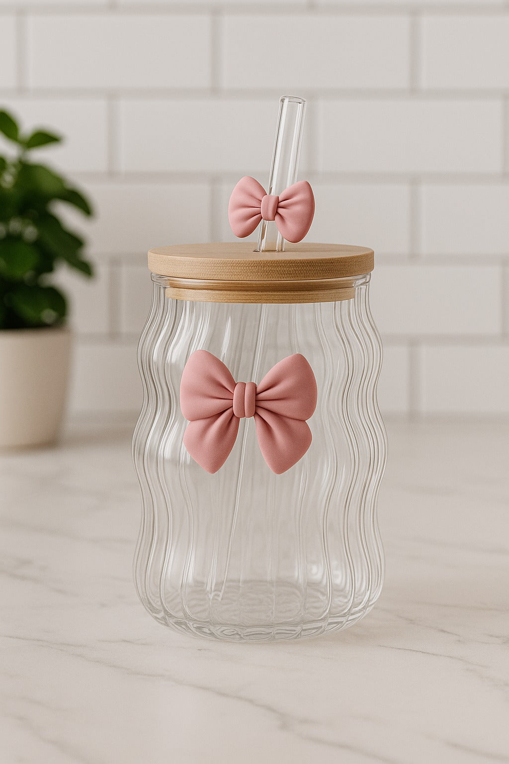 Bellabow Ribbed  Glass Cup with Cute Bow on Glass and Straw