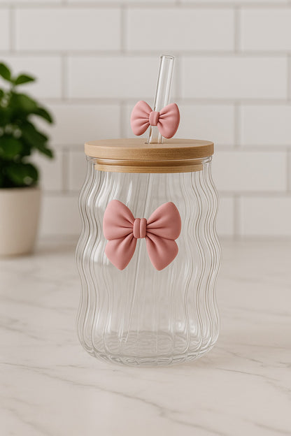 Bellabow Ribbed  Glass Cup with Cute Bow on Glass and Straw