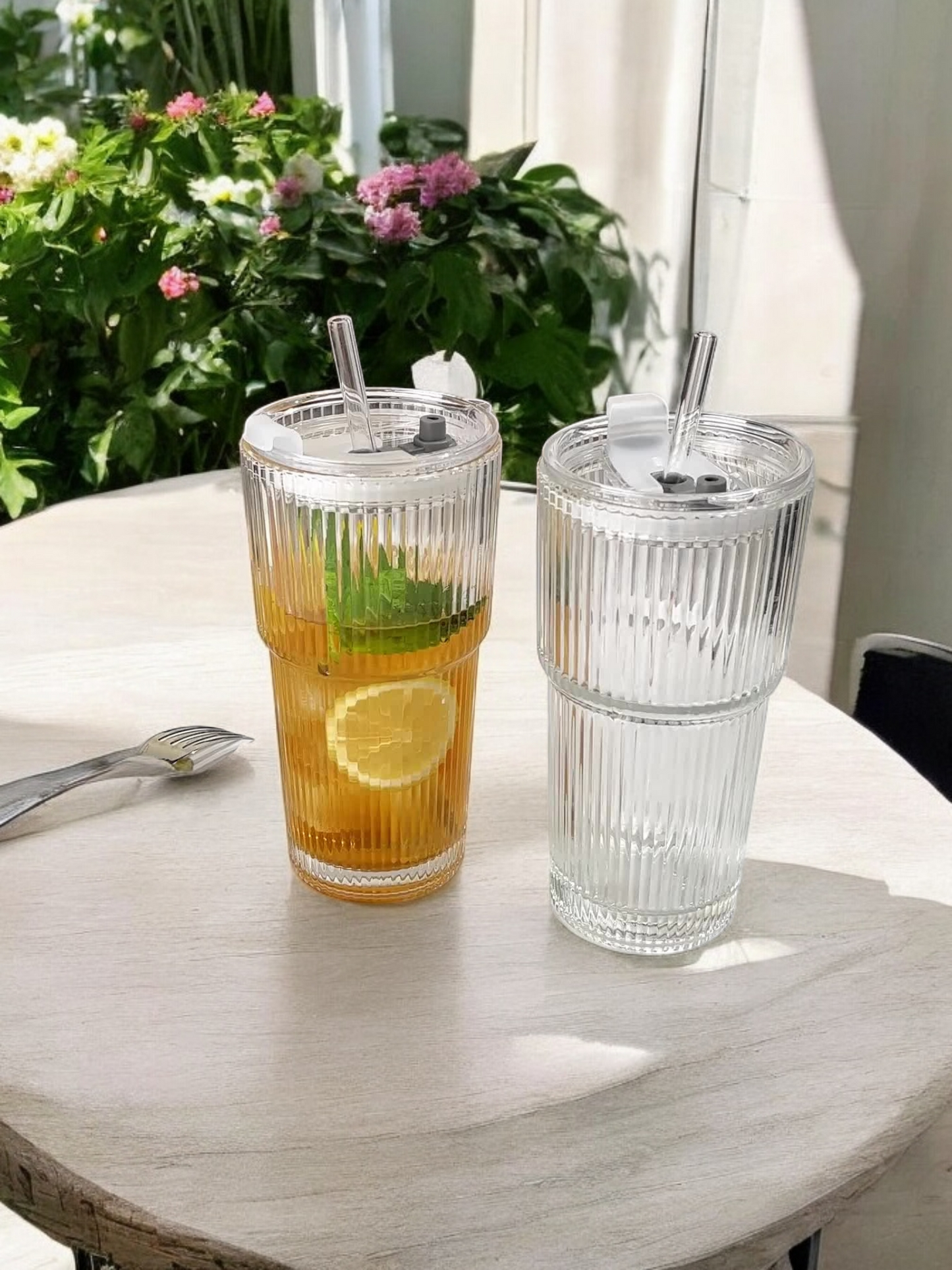 Aqua Glaze Glass Tumbler - With Glass Straw and Glass Lid